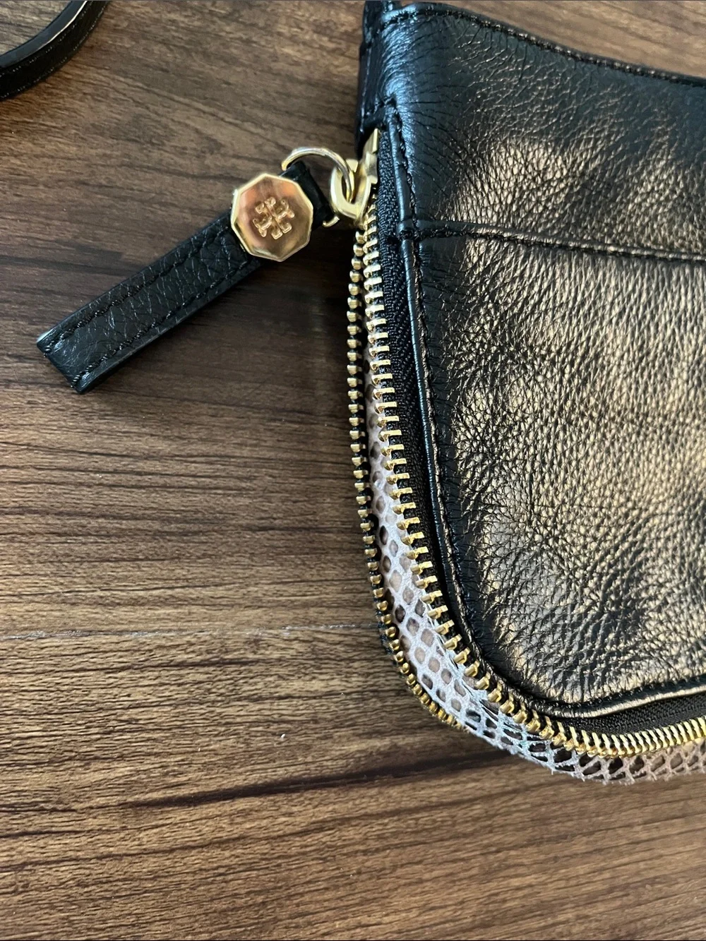 Tory Burch Mini Expandable Zip Soft Black Leather Crossbody Bag